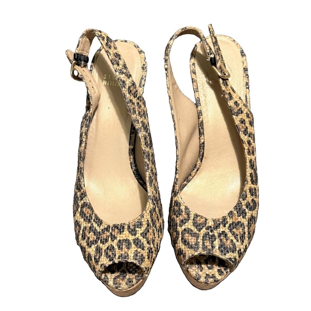 STUART WEITZMAN Jean Leopard Print Cork Wedge Slingback Peep-toe Heels Size 9.5